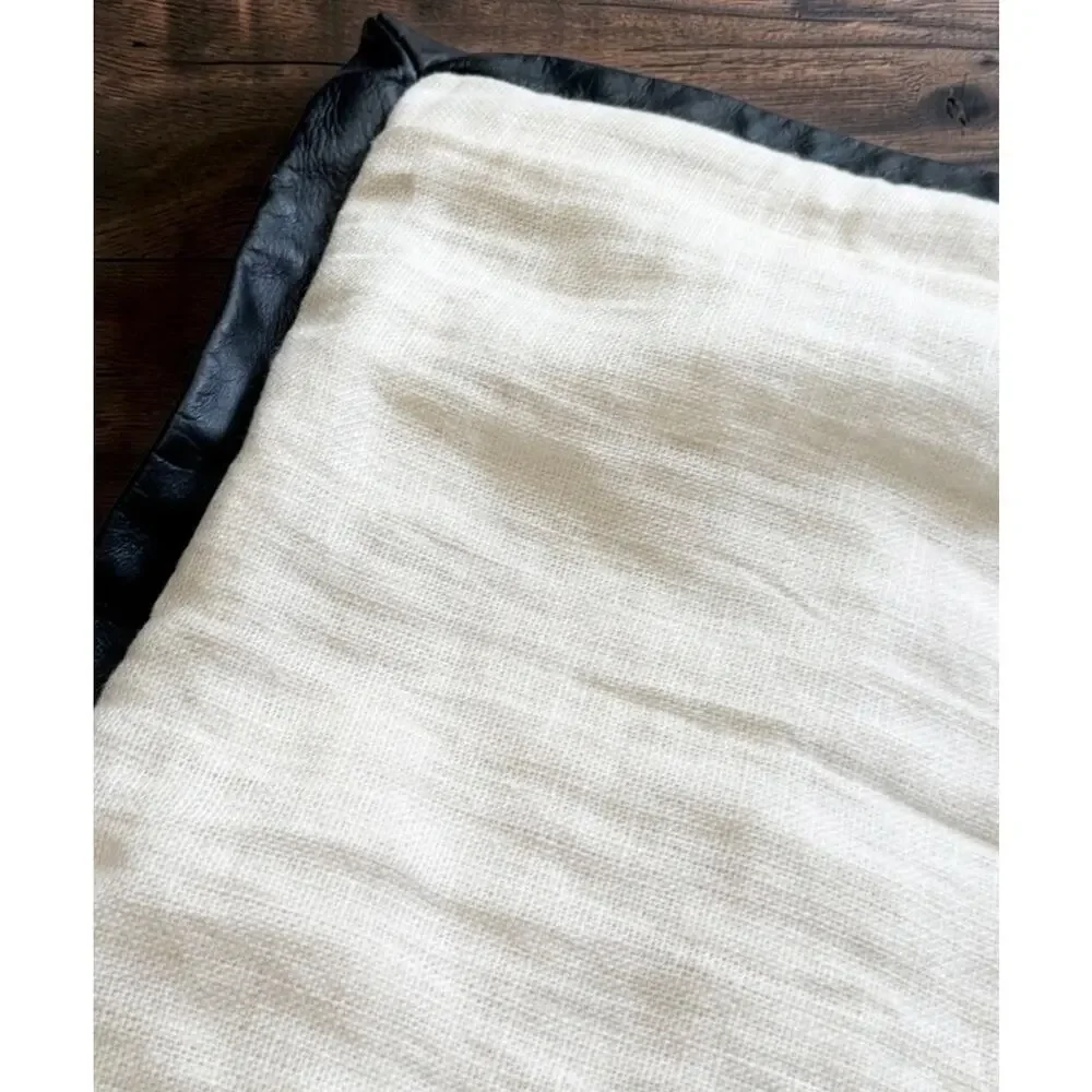 CB2 Kara Mann Tuxedo Throw Pillow Cover 20x20 White Linen Black Leather Trim